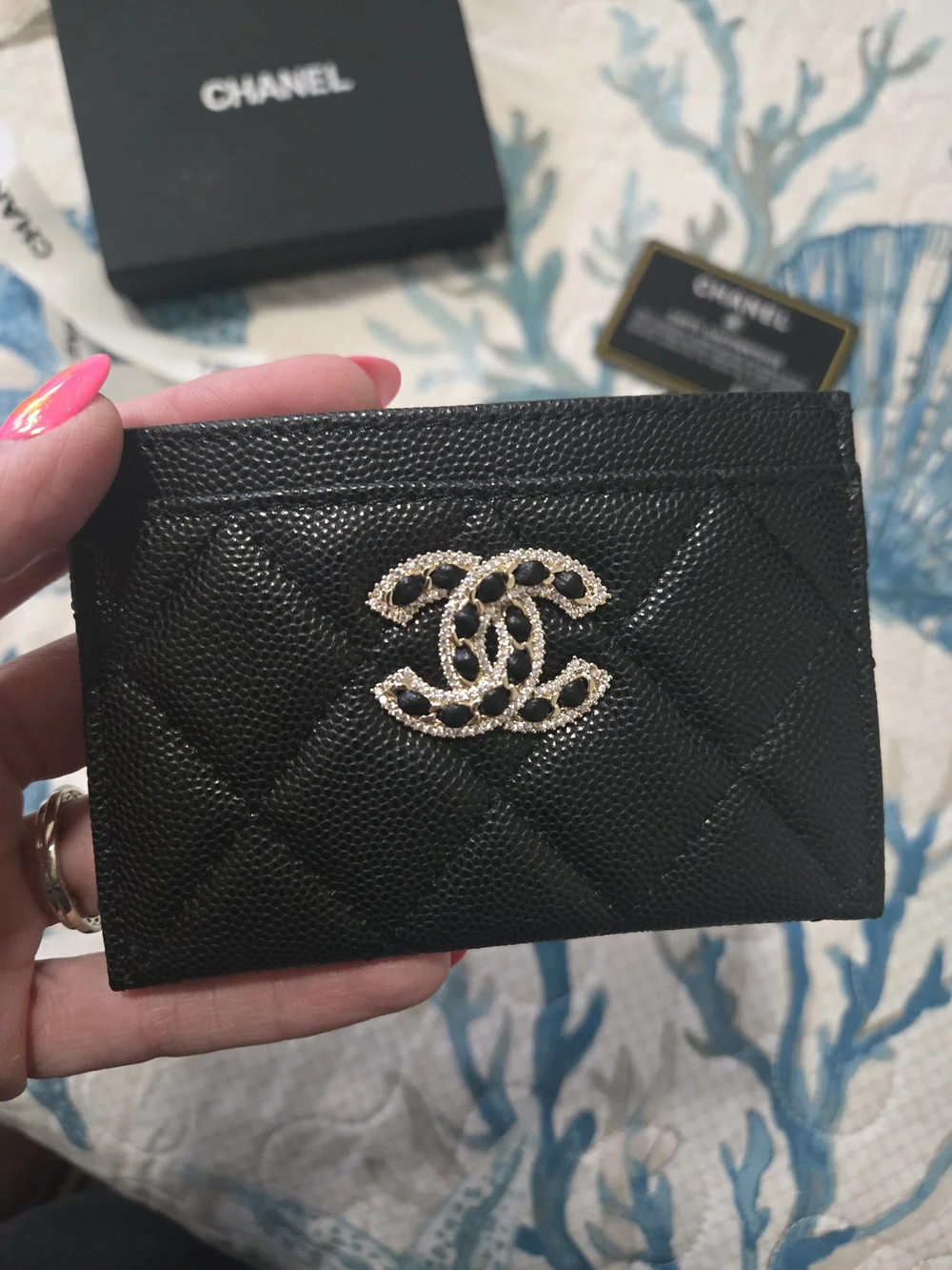 CHANEL Black Quilted Card Case with Rhinestone CC